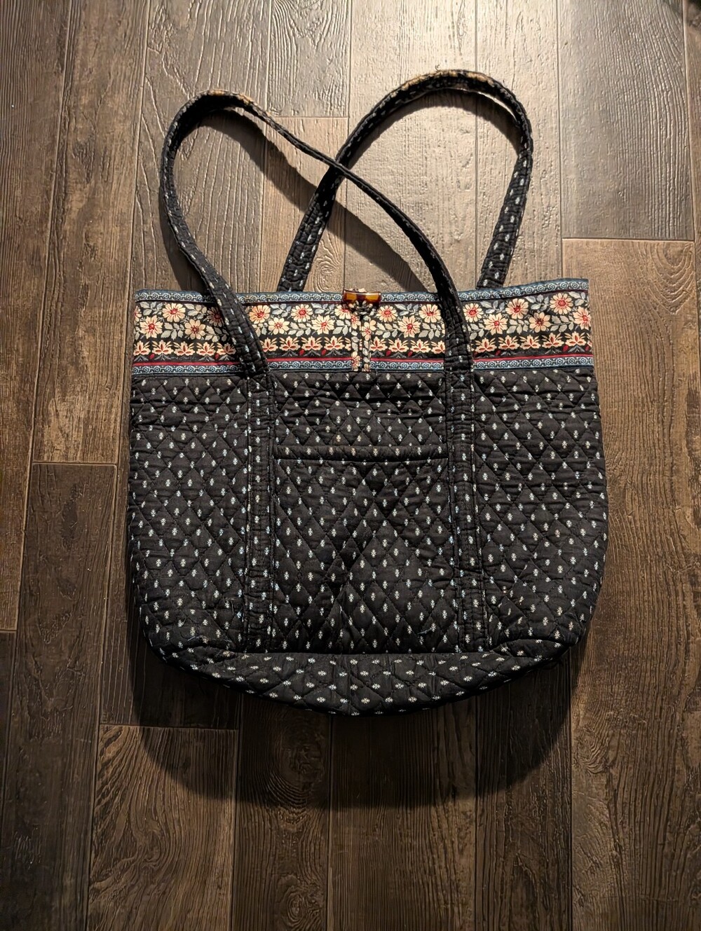 Quilted Black Floral-Trim Tote Bag